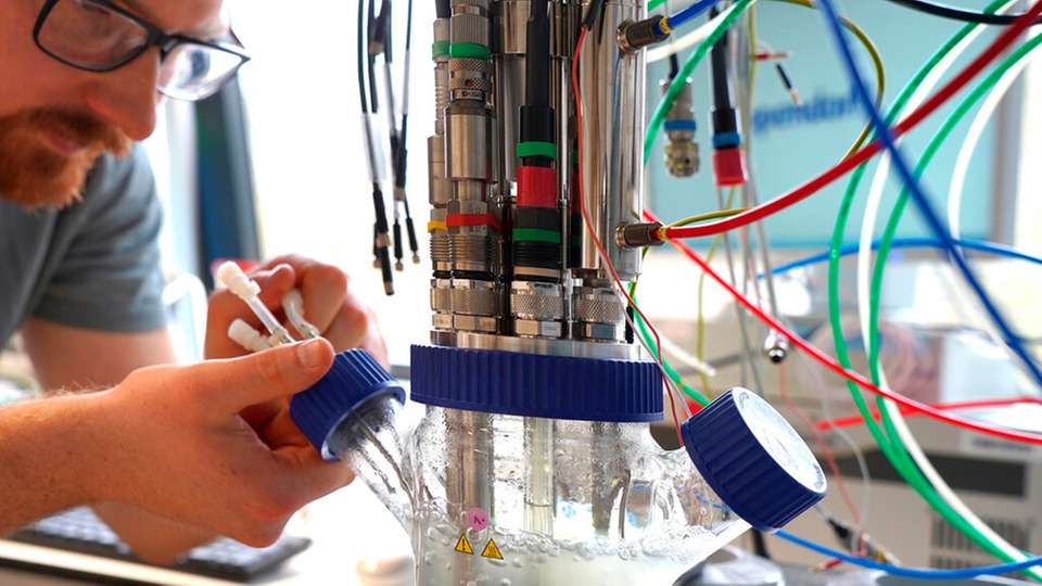 Dr. Beau Dronsella, Max-Planck-Forscher am MPI für terrestrische Mikrobiologie in Marburg, mit einem experimentellen Bioreaktor