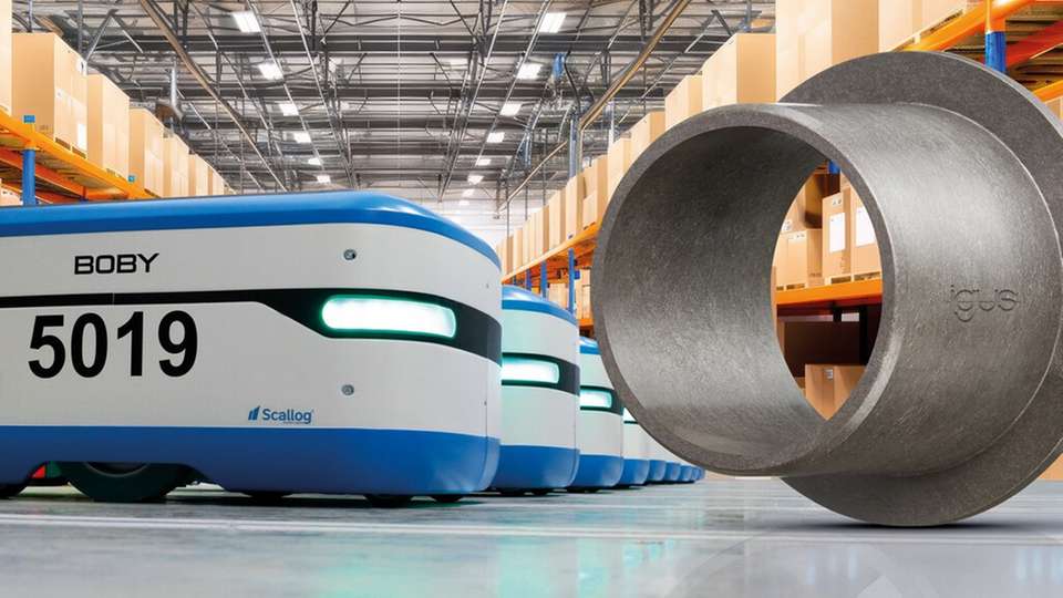 Da sie weder geschmiert noch gewartet werden müssen, erfüllen die iglidur Gleitlager ihre Aufgabe in den Logistikrobotern zuverlässig.