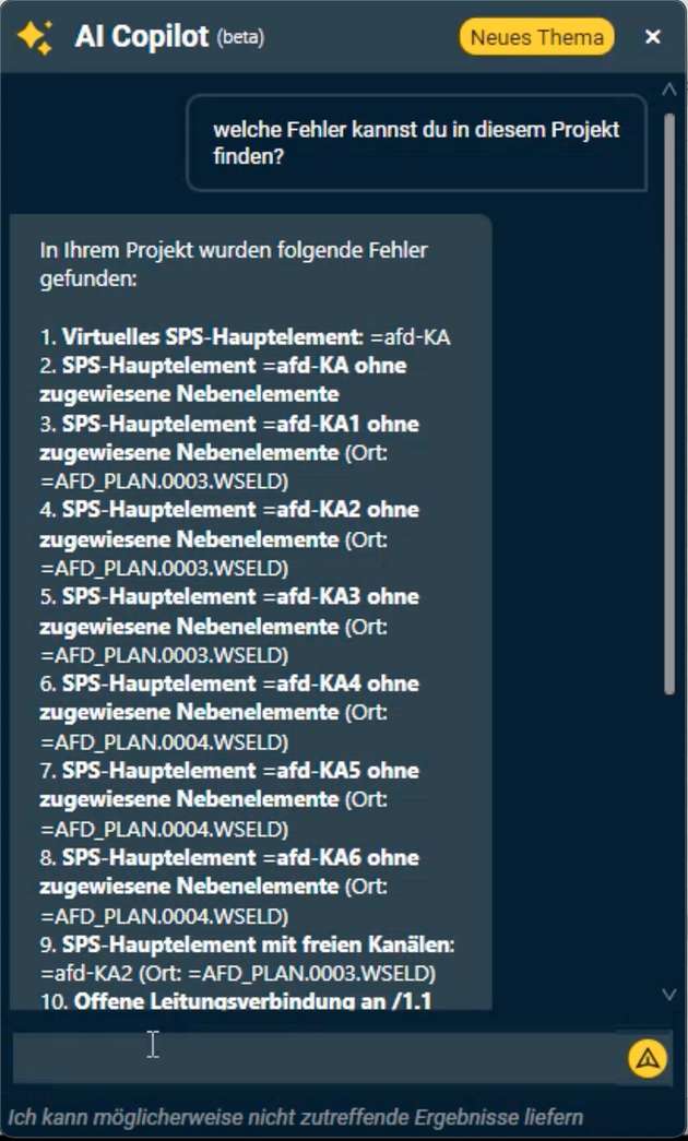 Der AI Copilot findet Fehler im Projekt, beantwortet Fragen und verfügt über elektrotechnisches Grundwissen – die Antworten gibt es in wenigen Sekunden.