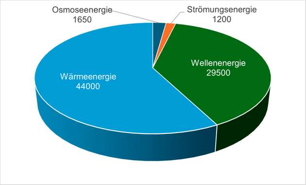 Eine Studie der International Renewable Energy Agency (IRENA) schätzt das globale Potenzial der Meeresenergie auf rund 80.000 TWh pro Jahr. Allein das Potenzial der Wellenenergie könnte den weltweiten Strombedarf decken.