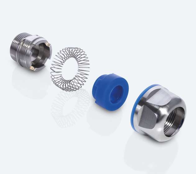 Die Hygienic-Design-Kabelverschraubung Cleanplus TRI erfüllt die verschärften EHEDG-Vorgaben und ist mit einer TRI-Feder ausgestattet, die eine zuverlässige EMV-Kontaktierung ermöglicht.