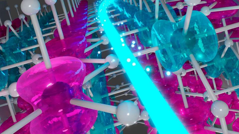 Abgelenkte Elektronen aufgrund eines unkonventionellen anomalen Hall-Effekts in einem altermagnetischen Kristall von Rutheniumdioxid.