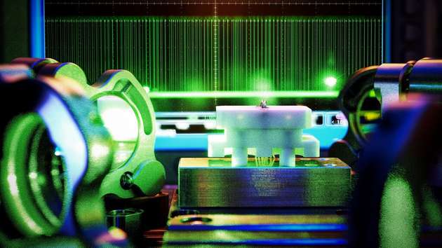 Hier zu sehen ist eine nichtlineare optische Quelle für verschränkte Photonen als Technologiebasis für Quantenfrequenzkonverter.