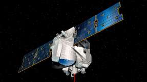 Künstlerische Darstellung des MERLIN-Instruments auf Basis der Myriade-Satellitenplattform: Das Projekt umfasste eine deutsch-französische Kooperation zur globalen Überwachung von Methanemissionen.