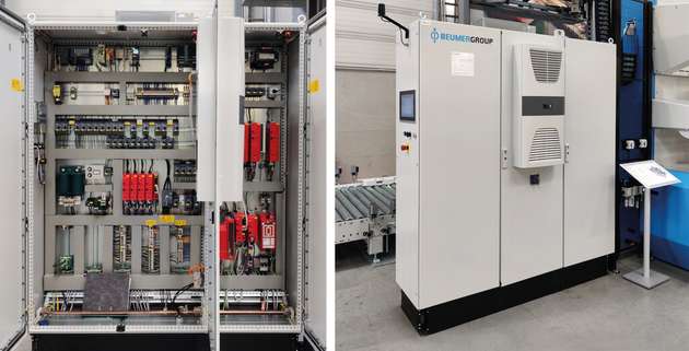 Energie, Gewicht und Platz sparen bei der Verdrahtung. Oben der Schaltschrank mit Montageplatte und nötigem Klimagerät, darunter der Schrank mit dem Airstream System. Beide mit identischer Bestückung.  