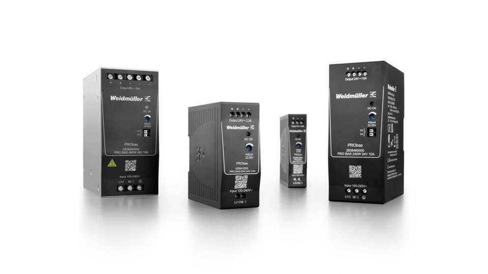 Hohe Leistung, kompakte Bauform und optimale Energiebilanz zeichnen die neuen PRObas-Stromversorgungen von Weidmüller aus. Die Produktfamilie umfasst zwölf Varianten mit 5, 12, 24 oder 48 V DC.