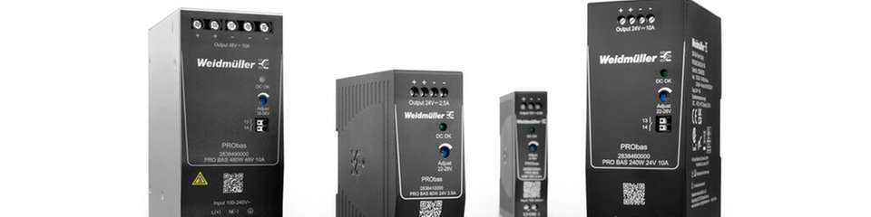 Hohe Leistung, kompakte Bauform und optimale Energiebilanz zeichnen die neuen PRObas-Stromversorgungen von Weidmüller aus. Die Produktfamilie umfasst zwölf Varianten mit 5, 12, 24 oder 48 V DC.