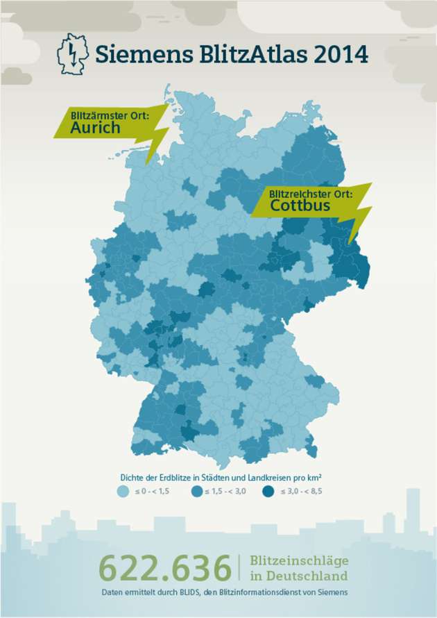 Blitz-Atlas 2014: Je dunkler das blau, desto mehr Blitzeinschläge hat es gegeben.