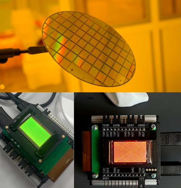 1080p+ microLED-Backplane mit grünen microLEDs und roten OLED-Pixeln entwickelt von Vuzix und Fraunhofer IPMS.