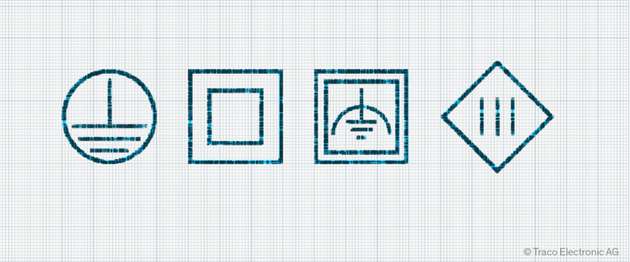 Symbole für die Schutzklassen I, II, II FE und III (von links nach rechts).