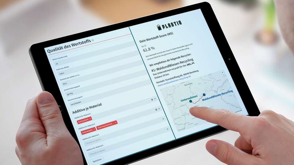 Der Online-Demonstrator erlaubt eine einfache Dateneingabe für Wertstoffe (links) und empfiehlt anhand der Daten einen optimalen Verwertungsweg sowie passende Recycler (rechts).