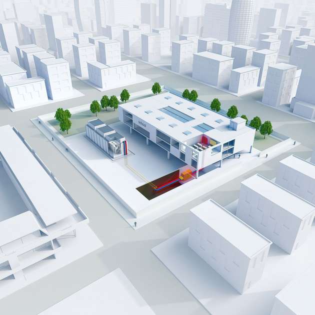 Nachbarschaftshilfe: Das neue Umspannwerk (links im Bild) im Londoner Stadtteil Highbury versorgt mittels Transformator und Wärmekreislauf eine Schule mit Heizenergie.