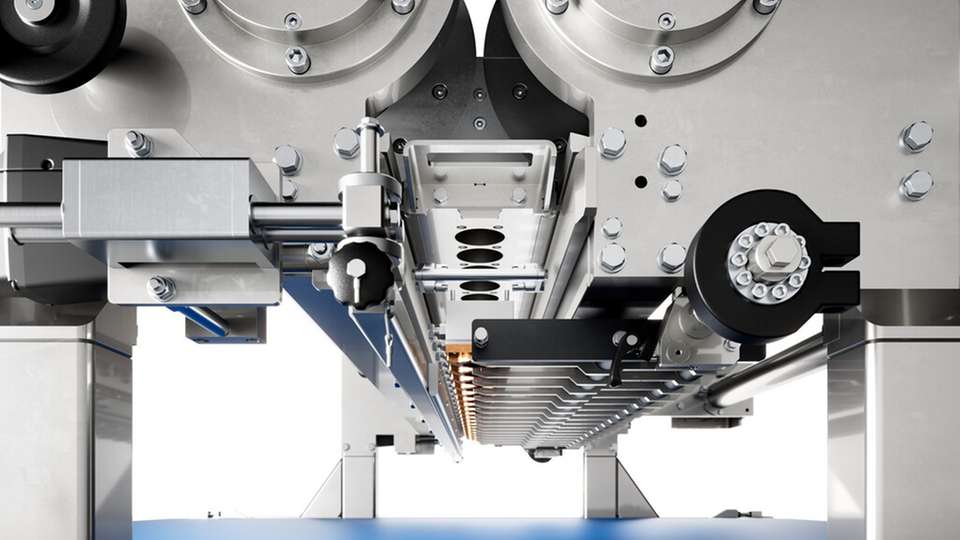 Das völlig neu konzipierte Drahtschneidesystem des neuen Extruders, das Geschwindigkeiten von bis zu 350 Hüben pro Minute bei einer maximalen Arbeitsbreite von 1.700 mm erreicht. 
