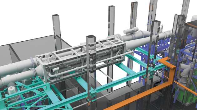 Zentrale Massenstrommessstrecke: Über einen Diffusor wird die Versuchsluft aus der Zuleitung in DN 700 auf fünf parallele Ultraschallgaszähler verteilt.