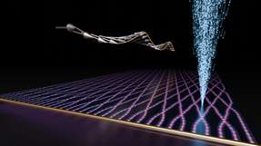Künstlerische Darstellung eines Netzwerks aus Spinwellenleitern, die mit einem Ionenstrahl hergestellt werden (links oben: die Spinwelle, rechts oben: der Ionenstrahl, unten: die Antenne und das Netzwerk)