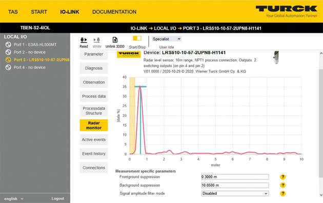 TAS Desktop: Der Radar Monitor erleichtert die Einrichtung der Sensoren durch Echtzeit-Visualisierung und Störsignal-Filtermöglichkeiten.