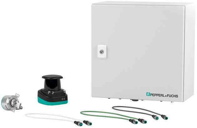 Volume3D-System mit Drehgeber, LiDAR-Sensor, Auswerteeinheit und Kabeln