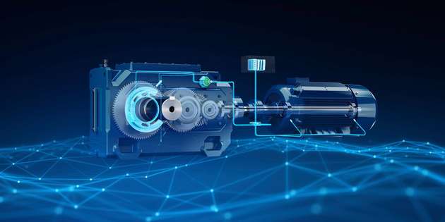 Abbildung eines kompletten Antriebsstrangs mit dem neuen Flender One-Getriebe und der AIQ-Sensortechnologie.