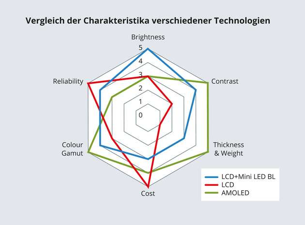 Einen guten Überblick über die Stärken und Schwächen eines Displays bietet die Darstellung in einem Netzdiagramm.