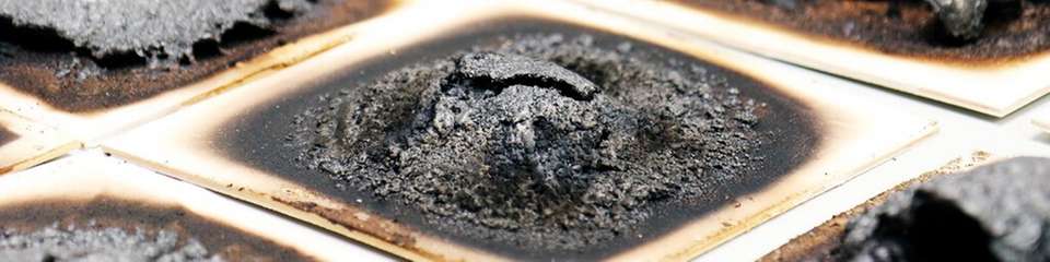 Verschiedene intumeszierende Beschichtungen nach der Beflammung im Laborbrandprüfstand des Fraunhofer WKI. Die Tests geben Aufschluss darüber, mit welcher Rezeptur sich das darunterliegende Holz am besten schützen lässt.