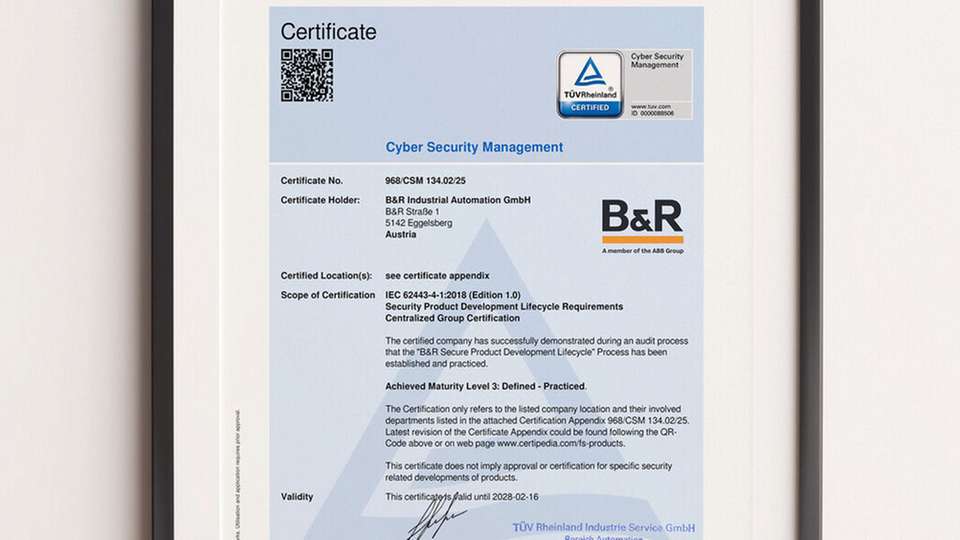 Das Zertifikat bestätigt: B&R-Entwicklungsprozesse erfüllen höchste Sicherheitsstandards. Die Software-Entwicklung wurde sogar mit dem Reifegrad „Maturity Level 3“ ausgezeichnet.
