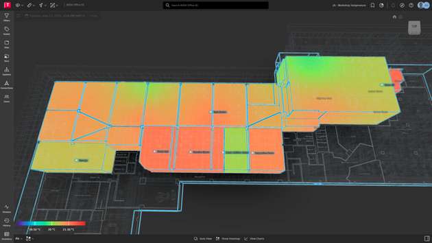  Der Digital Twin des Gebäudes visualisiert dank integrierter Sensorik die Temperaturbereiche. Dies erlaubt eine bedarfsgerechte Steuerung von Klima- und Lichtanlagen oder ein angepasstes Lastmanagement in Spitzenzeiten.