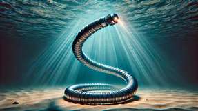 Konzeptbild einer autonomen Unterwasser-Roboterschlange: Inspiriert von den Bewegungen des Fadenwurms C. elegans wird der Sensor ezum Beispiel zur Steuerung verwendet.