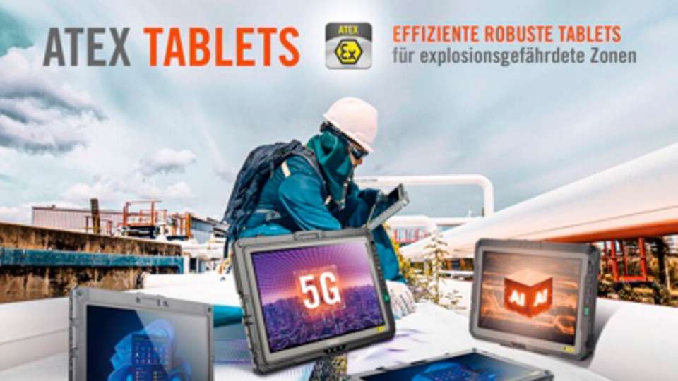 Das UX10-EX bietet ein 10,1-Zoll-Sonnenlicht-lesbares Display, ist nach MIL-STD-810H und IP66 zertifiziert, sturzfest bis 1,8 m, verfügt über RFID-Leser und eine Windows Hello-Kamera.