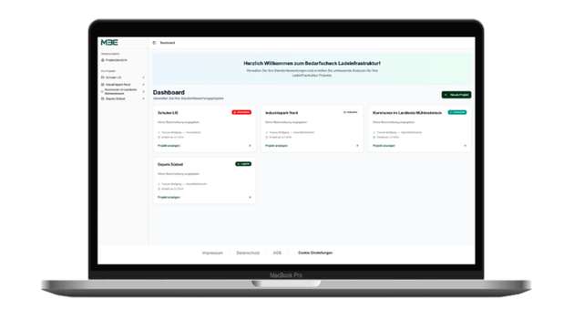 Dashboard des M3E Bedarfscheck Ladeinfrastruktur: Zentrale Projektübersicht für Kommunen, Gewerbe und Logistikunternehmen zur Planung von Ladeinfrastruktur.