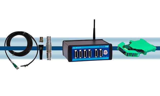 v.l.n.r.: Anschlusszubehör, Datalogger Dydaglog, Elektronikmodul SM12