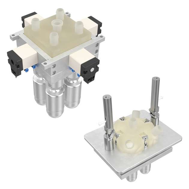 Links: Antriebseinheit mit pneumatischer Verriegelung (PSUA) mit Gemü Single-Use M-Block (KSUBA)
Rechts: Antriebseinheit mit manueller Verriegelung per Handhebel (PSUH) mit Gemp Single-Use M-Block (KSUBH)