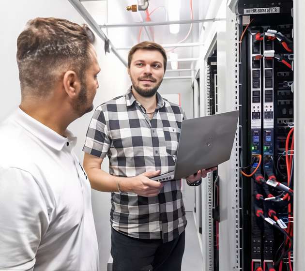 Antonio Giffuni, Systemberater vom Rittal IT Außendienst (links) und Christian Dewina im neuen Rechenzentrum von Bora.