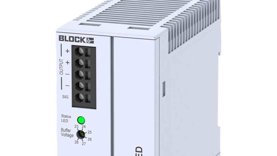 Die DC-USV PMC-0424-050-01 von Block puffert 24 VDC batterielos per Superkondensator (5 A), schaltet bei Spannungseinbruch automatisch um und liefert als externes Power-Boost-Modul bis zu 12 A für bis zu 6 Sekunden.