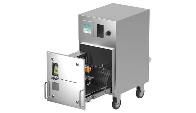 Mobile Purge Druckerlösung mit geöffnetem Schubfach auf dem der Drucker sitzt. Eingesetzt werden diese weltweit vor allem in Pharma Umgebungen. 