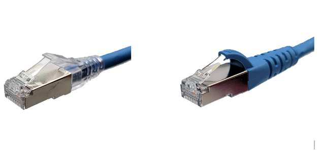 Der integrierte Paar-Manager des Cat-6a-Patchkabels optimiert Leistung und Konsistenz und reduziert das Aufdrehen am Stecker (links). Beim Cat-6-Patchkabel verhindert der mit dem Kabelmantel eingegossene Kabelschuh ein Hängenbleiben und man kann den Stecker einfach Lösen.