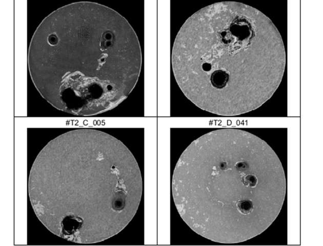 Diese Bauteile wurden nach 3-Puls-Strombelastung von 79 kA mittels akustischer Mikroskopie (SAM) untersucht. Es zeigt sich bei allen Varianten eine massive Schädigung.