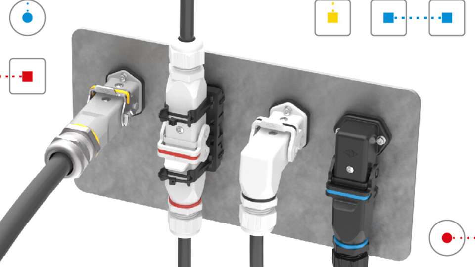 Das neue Verschlussbügeldesign der Baugröße 21.21 erlaubt eine einfache, farblich codierte Unterscheidung kompakter Steckverbinder und sorgt so für mehr Sicherheit, Ergonomie und Übersicht in platzkritischen Industrieanwendungen.