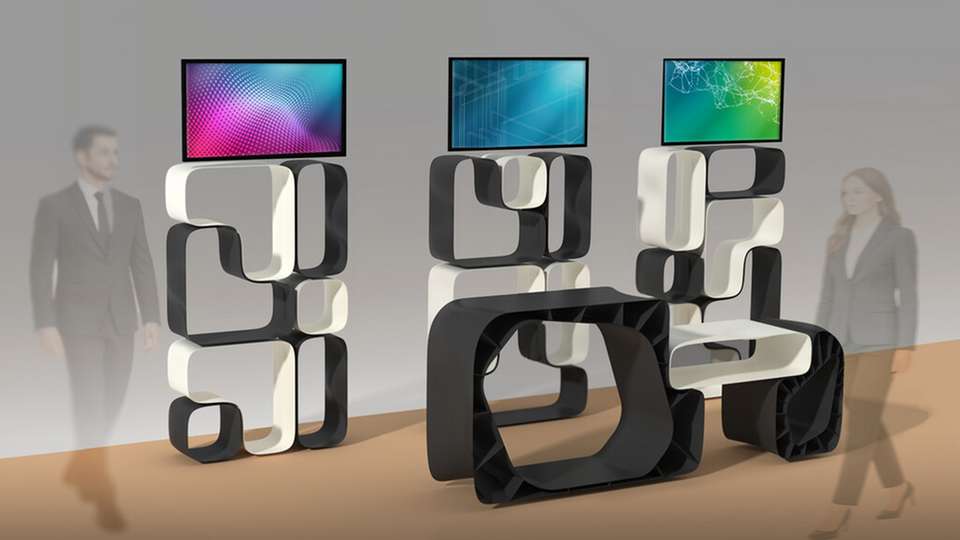 Rendering des Formnext-Messestandes: Das Fraunhofer IWU druckte sein gesamtes Mobiliar selbst (helle Elemente: biokompostierbarer Kunststoff; dunkle Elemente: recyclingfähiges Polypropylen).
