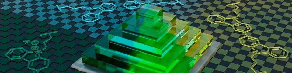 Visualisierung einer 3D-gedruckten Pyramidenstruktur mit elektrochromem Verhalten. Aufgrund der unterschiedlichen Redoxzustände des leitfähigen Materials verändert die Struktur bei elektrochemischer Stimulierung reversibel ihre Farbe.