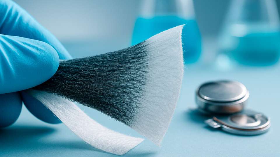 Faserbasierte Silizium-Anode auf vliesartigem Träger: Die Struktur gleicht Volumenänderungen aus und ermöglicht höhere Energiedichten in Lithium-Ionen-Batterien.