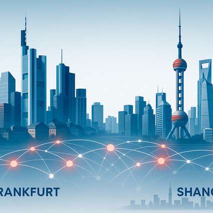Stilisierte Grafik zur wirtschaftlichen Zusammenarbeit zwischen China und Deutschland, mit Symbolen für Handel, Investitionen und industrielle Kooperation.