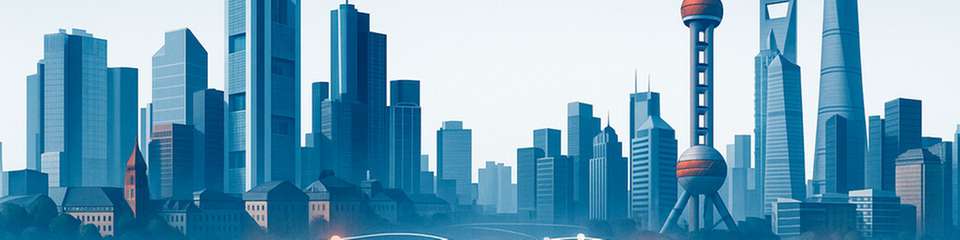 Stilisierte Grafik zur wirtschaftlichen Zusammenarbeit zwischen China und Deutschland, mit Symbolen für Handel, Investitionen und industrielle Kooperation.