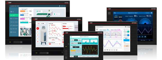 HMI-Panels der GOT3000-Serie mit Visualisierungen für Prozessüberwachung und Maschinensteuerung in digitalisierten Produktionsanlagen.
