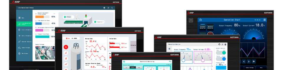 HMI-Panels der GOT3000-Serie mit Visualisierungen für Prozessüberwachung und Maschinensteuerung in digitalisierten Produktionsanlagen.