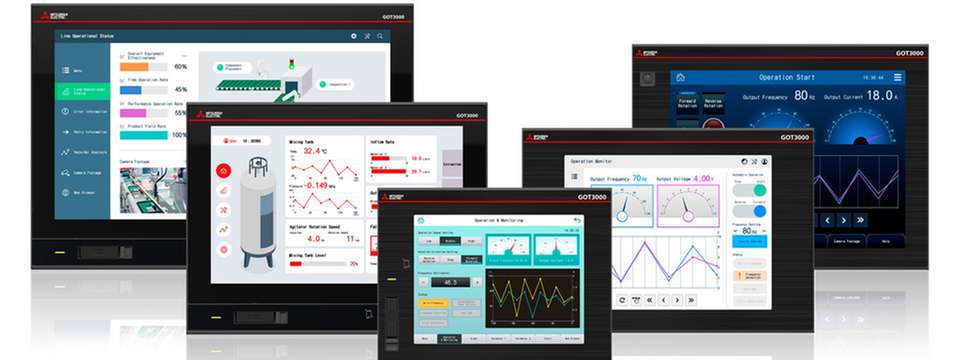 HMI-Panels der GOT3000-Serie mit Visualisierungen für Prozessüberwachung und Maschinensteuerung in digitalisierten Produktionsanlagen.