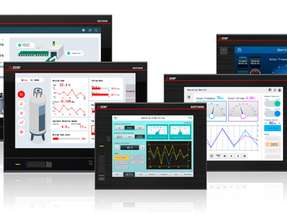HMI-Panels der GOT3000-Serie mit Visualisierungen für Prozessüberwachung und Maschinensteuerung in digitalisierten Produktionsanlagen.