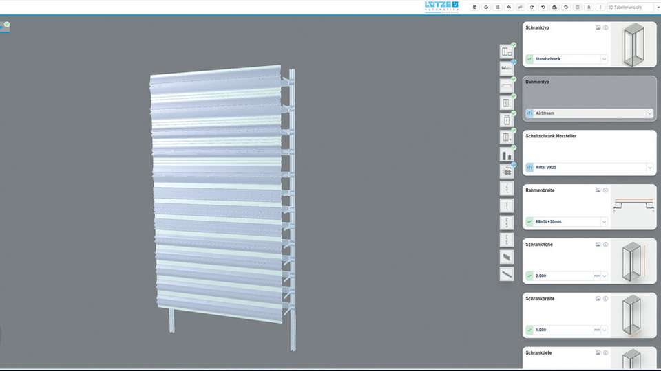 3D-Darstellung eines AirSTREAM-Rahmens im Lütze Konfigurator mit Parameterauswahl für den Schaltschrankbau.