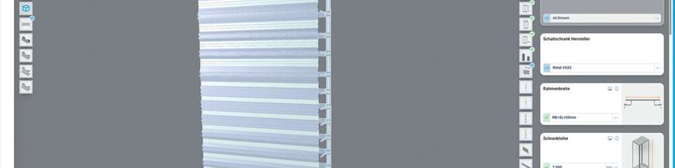 3D-Darstellung eines AirSTREAM-Rahmens im Lütze Konfigurator mit Parameterauswahl für den Schaltschrankbau.