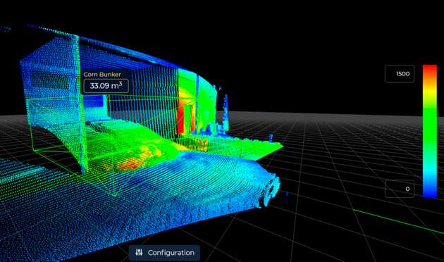 Farbcodierte LiDAR-Punktwolke zeigt die Echtzeit-Volumenmessung eines Materialbunkers – Grundlage für präzise Bestandsüberwachung mit QbVolume.