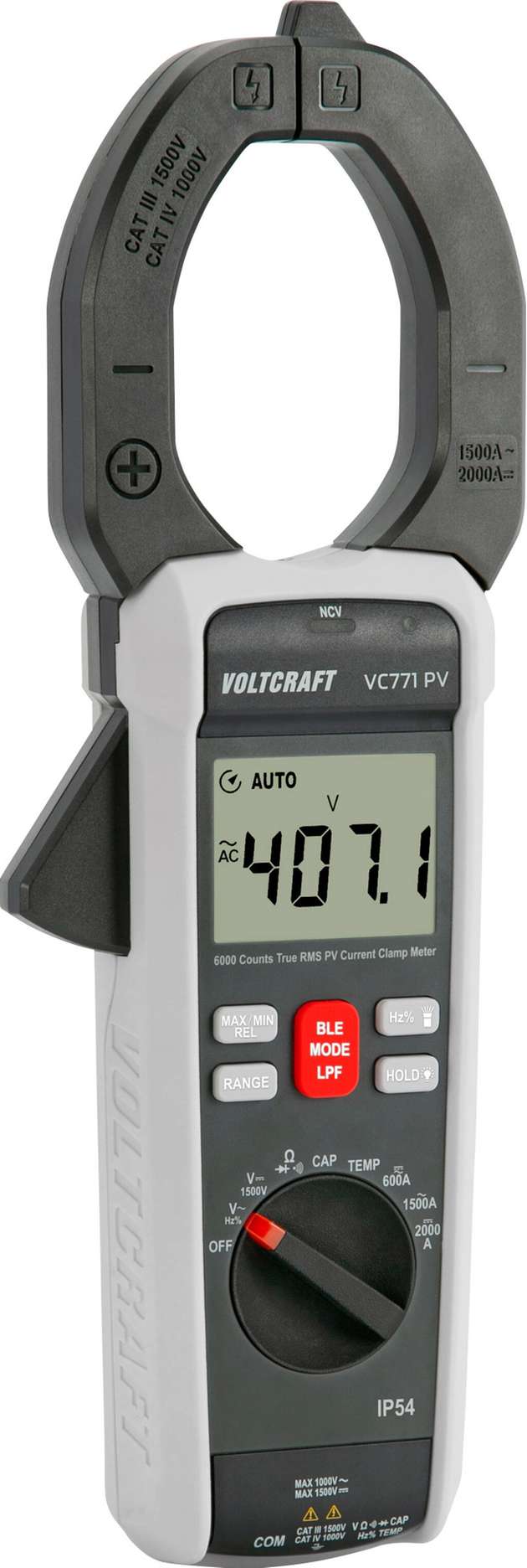 Die VC-771 PV verfügt unter anderem über Zusatzfunktionen wie NCV, Data-Hold, Min/Max sowie Frequenz- und Temperaturmessung.